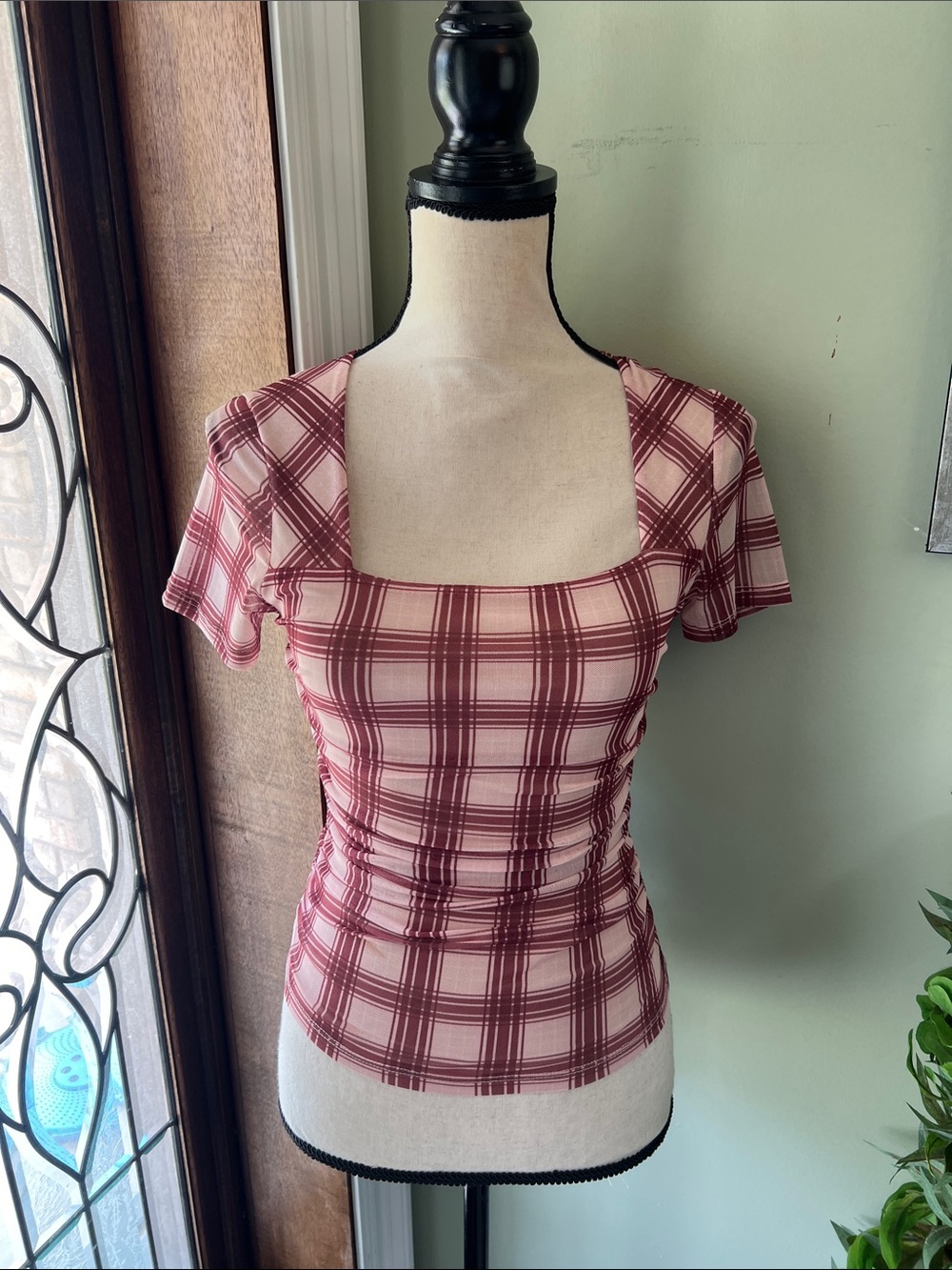 paper doll Pink Plaid Square Neck Short Sleeve Top